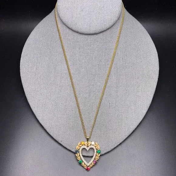Crown Trifari Heart Pendant Necklace Gold Tone Multicolor Rhinestone Vintage - Picture 7 of 8